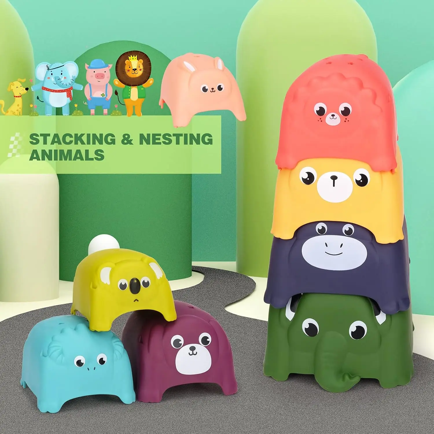 8pcs Multicoloured Stacking Toys with Various Animal Patterns and Different Sizes, Child-friendly, Animal Picture