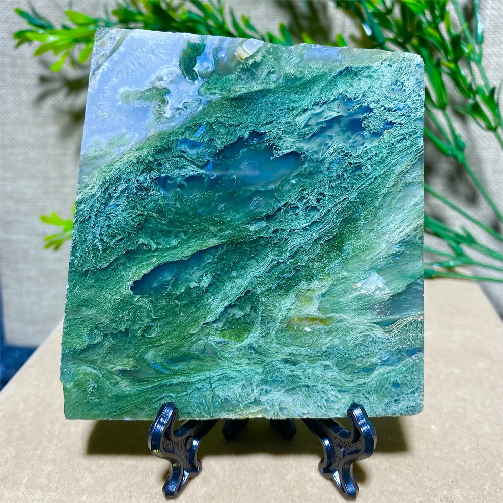 Green Moss Agate Slab Natural Stones Crystals Gemstone Meditation Geode Feng Shui Aesthetic Room Decor Home+Stand