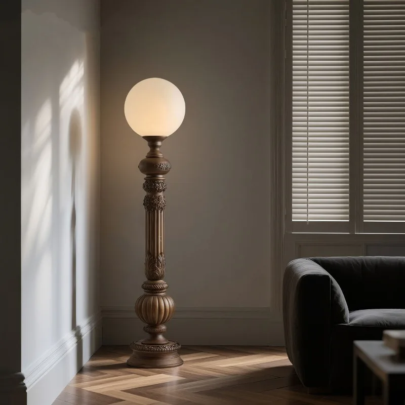 Retro Wooden Roman Columns LED Floor Lamps Italian Designer Standing Light Villa Living Room Luxurious Home Decoration Fixtures