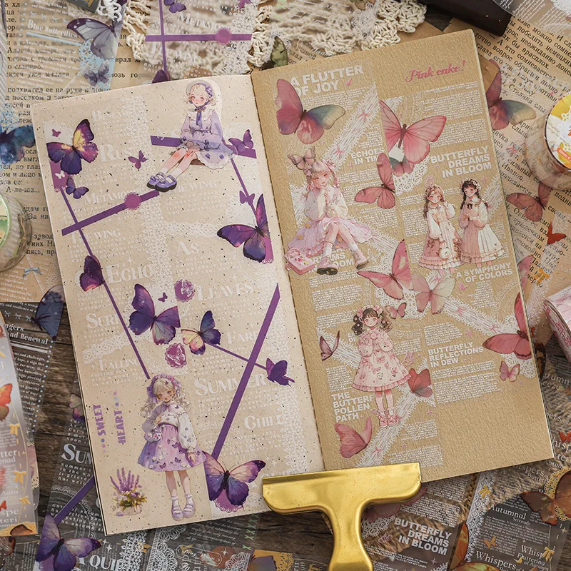 1 Roll Butterfly & English Quotes Tape Stickers Vintage Art Journal DIY Decor Supplies