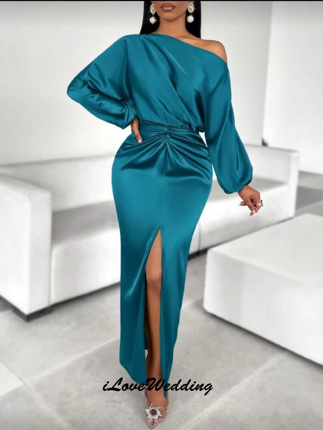 أحمر قبالة الكتف فساتين لحضور الحفلات الموسيقية 2025 كم طويل من الساتان فستان سهرة حورية البحر مطوي فساتين رسمية للنساء فستان الحفلات حسب الطلب #4