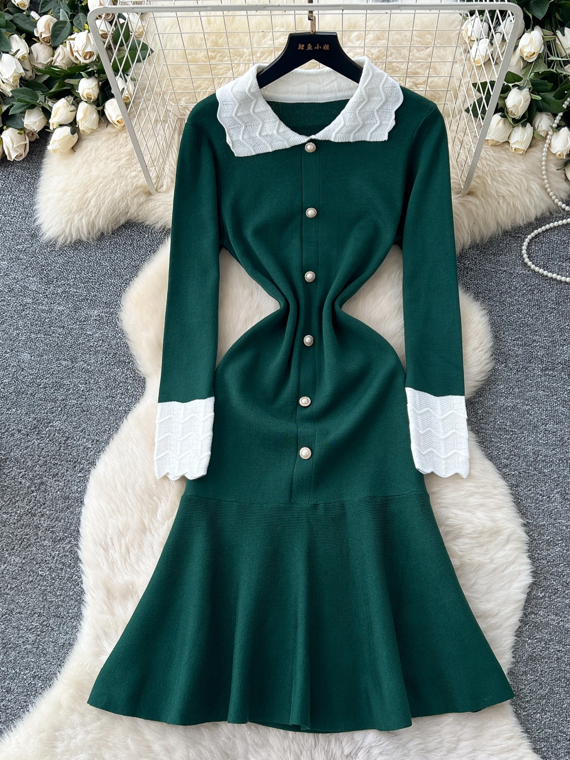 Retro Contrast Color Collar Long Sve Single Button Slimming Waist Knitted Dr High Waist A-Line Summer Women's Dr