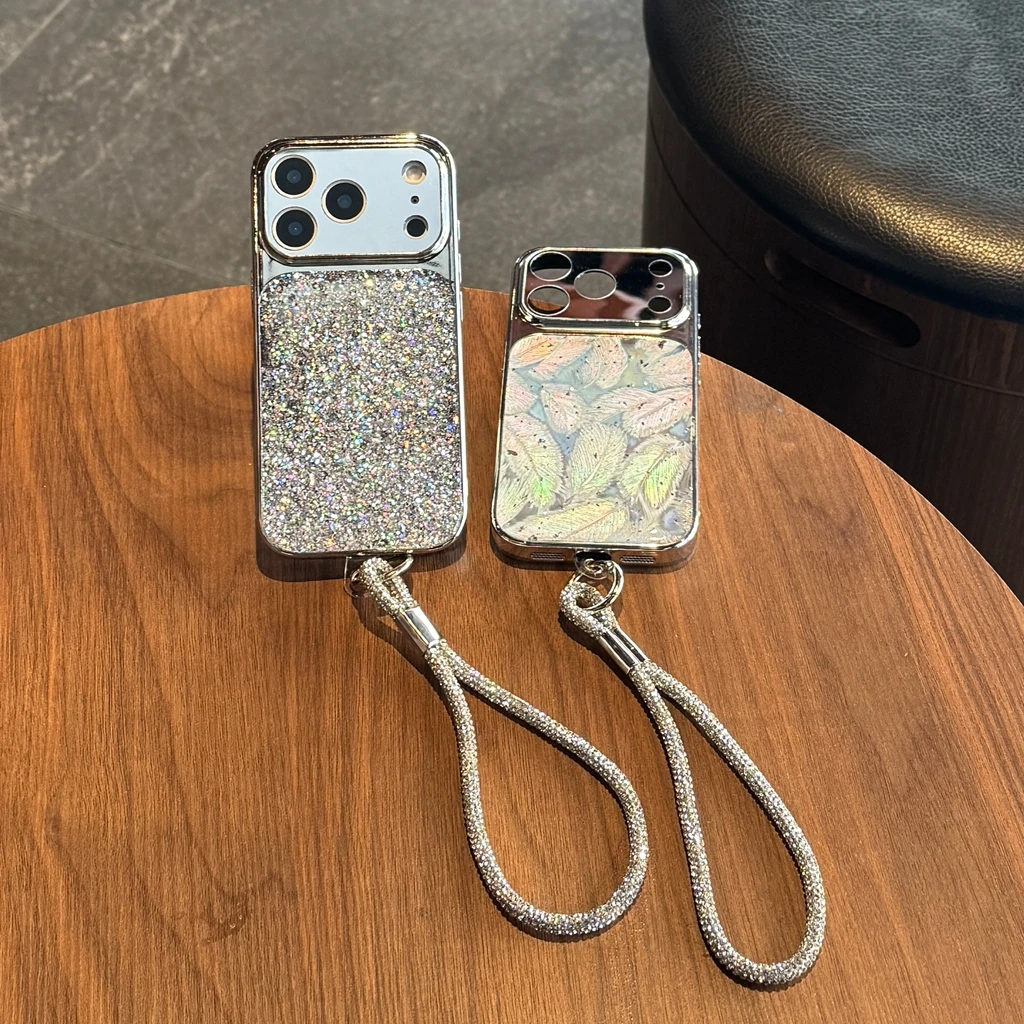 Funda de teléfono con cordón y espejo chapado con patrón de plumas y lentejuelas con purpurina avanzada para iPhone 17 16 15 14 Pro Max