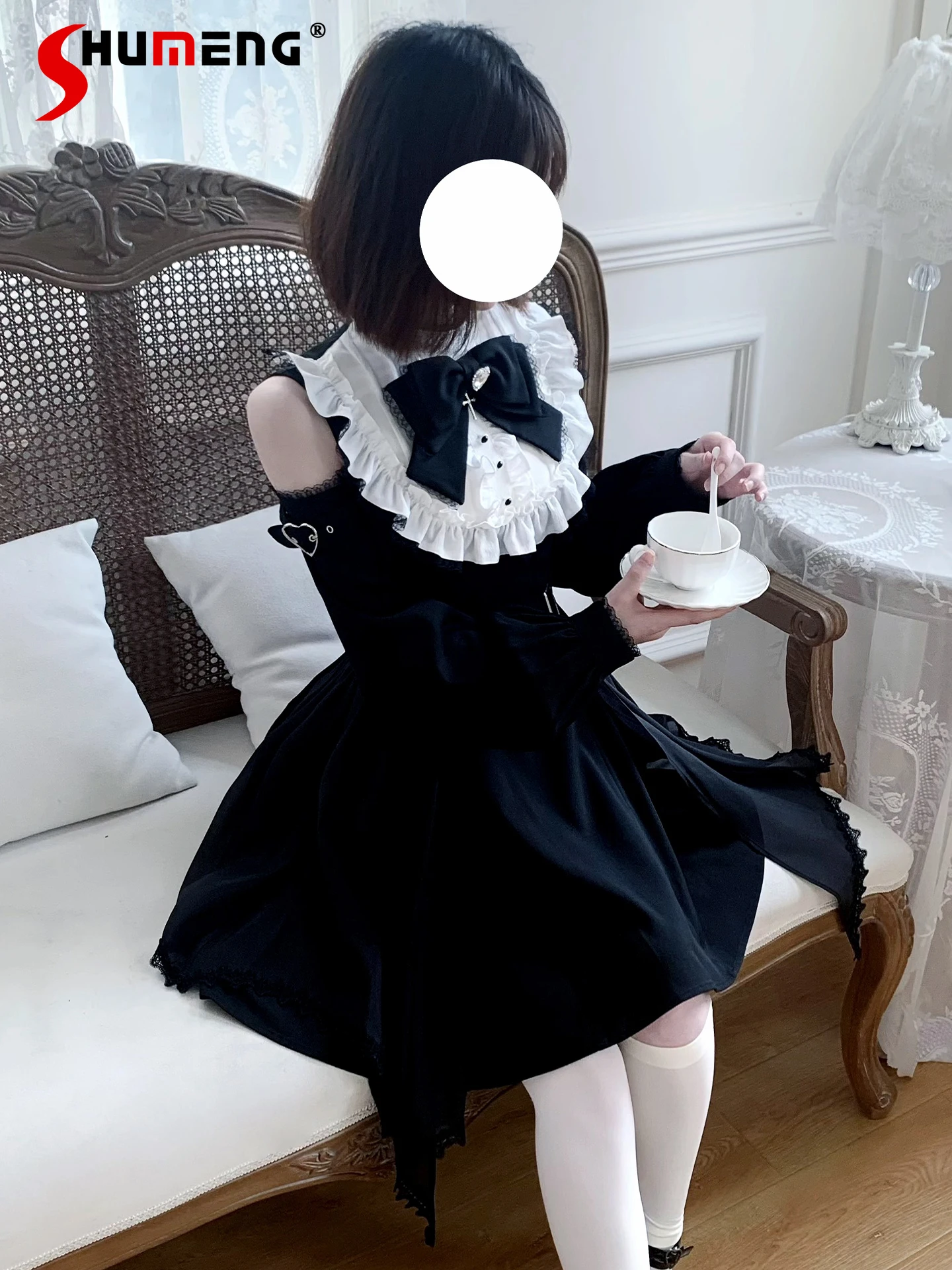 

Japanese Style Mass Produce Dark Subculture Lace Stand Collar Off-Shoulder Long Sleeve High Waist A-line Black Short Dress Women