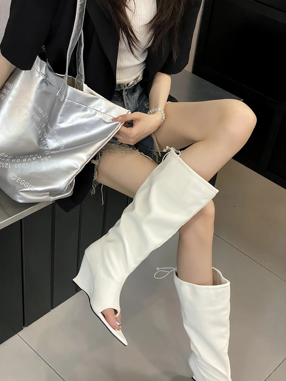 Clip Toe Women Knee High Heels Boots Fashion Summer Party Dress Shoes Wedge High Heels Back Bow Design Sexy Chelsae Botas 35-40