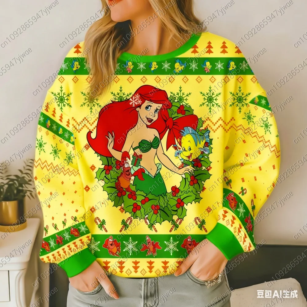 2025 عيد ميلاد سعيد ارييل ليتل ميرميد الأميرة ربيع الخريف المرأة البلوز القمم موضة زوجين هوديي البلوز