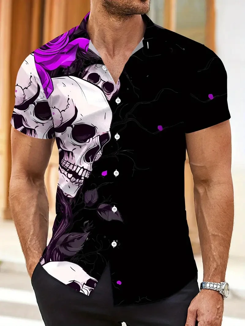 

Fashion Men's Skull Graphic Shirt Casual Button Down Shirt Clothing Summer Large Size Loose Short Sleeve Lapel Shirts for Men