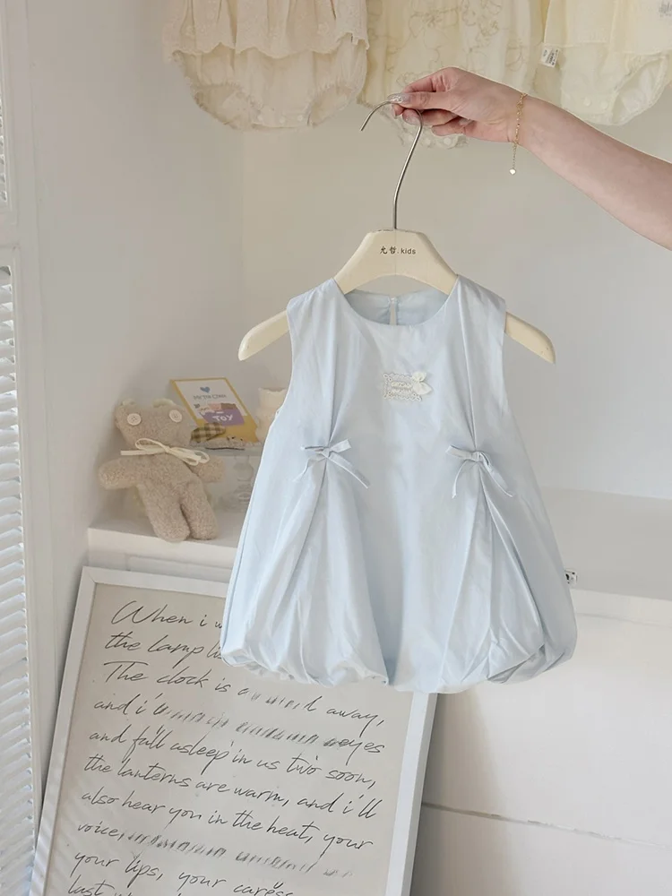 甘い蝶結びサマーノースリーブドレス-女の子用-幼児-赤ちゃん-女の子用-花柄ベストスカート-可愛い普段着バブルドレス