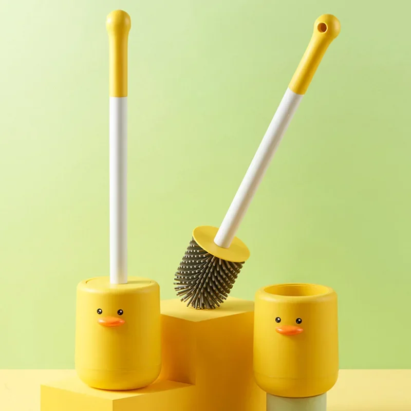 1set, Small Yellow Duck Toilet Brush Set, Cleaning Toilet Brush, Silicone Creative Wall-Mounted Style ,Cleaning Tools,