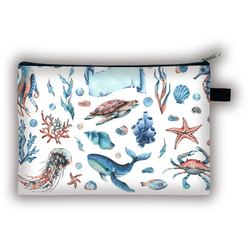 Ocean Sea Creature Makeup Bag Watercolor Whale Turtle Jellyfish Starfish Print Canvas Zipper Cosmetic Pouch Travel Bag