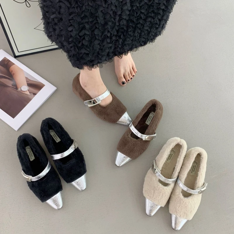 الخريف الشتاء قصيرة رقيق الدافئة حذاء مسطح النساء أشار تو الربط مشبك تصميم ماري جين أحذية السيدات الراحة حذاء كاجوال