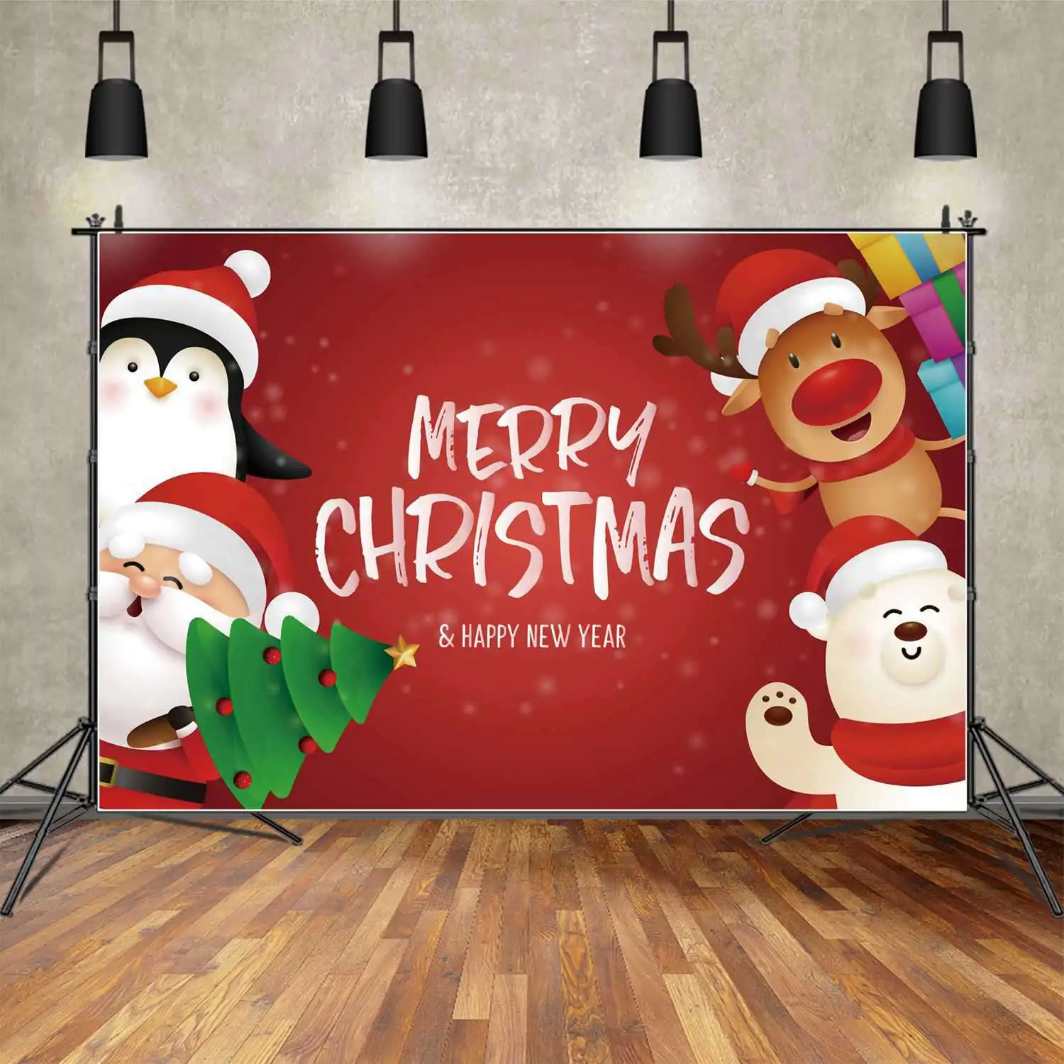 MOON.QG Backdrop Red Merry Christmas Banner Teddy Bear Santa Claus Decor Background Children Reindeer Penguin Photo Booth Props