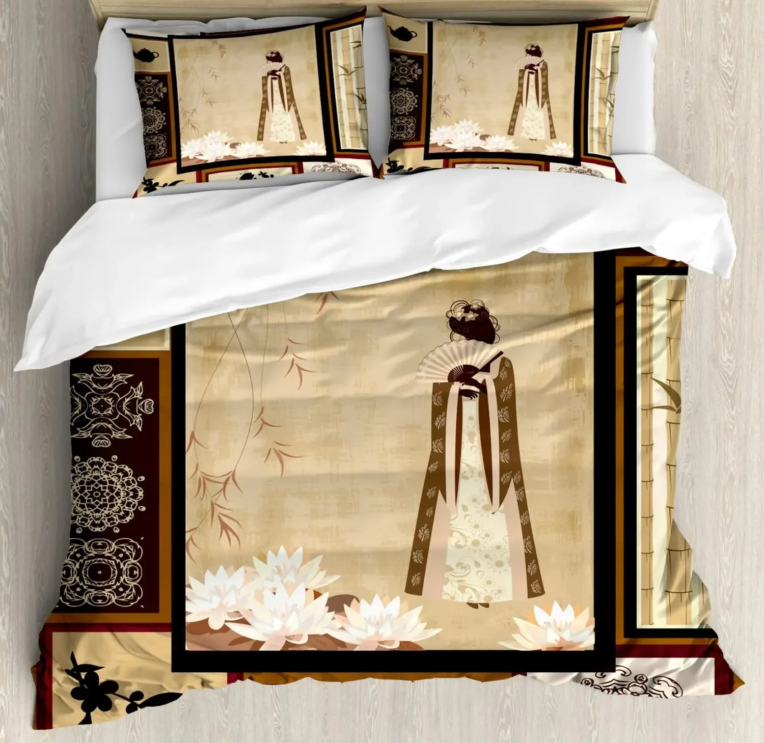 

Japanese Duvet Cover Set,Girl In Traditional Dress and Cultural Patterns Antique Eastern Collage Bedding Sets Full,Brown Cream