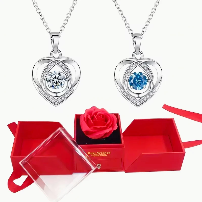 Silver Heart Shaped Necklace Bracelet Set for Women Girls Retro Korean Blue Crystal Jewelry Set Original Party Gift