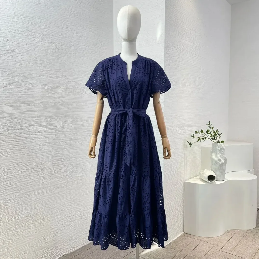 

Cotton Vintage New Nvay Blue Short Sleeve Hollow Out Embroidery Elegant Midi Dress for Women 2024 High Quality