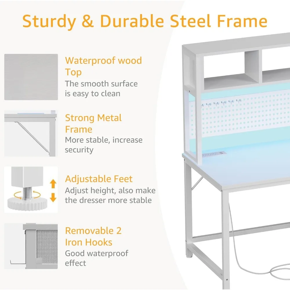 47 Escritorio para computadora blanco moderno con aparador, tomas de corriente y tablero perforado para adolescentes