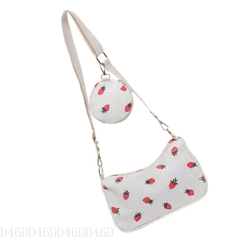 

D46D Casual Strawberry Print Shoulder Bag Corduroy Crossbody Bags for Daily Use