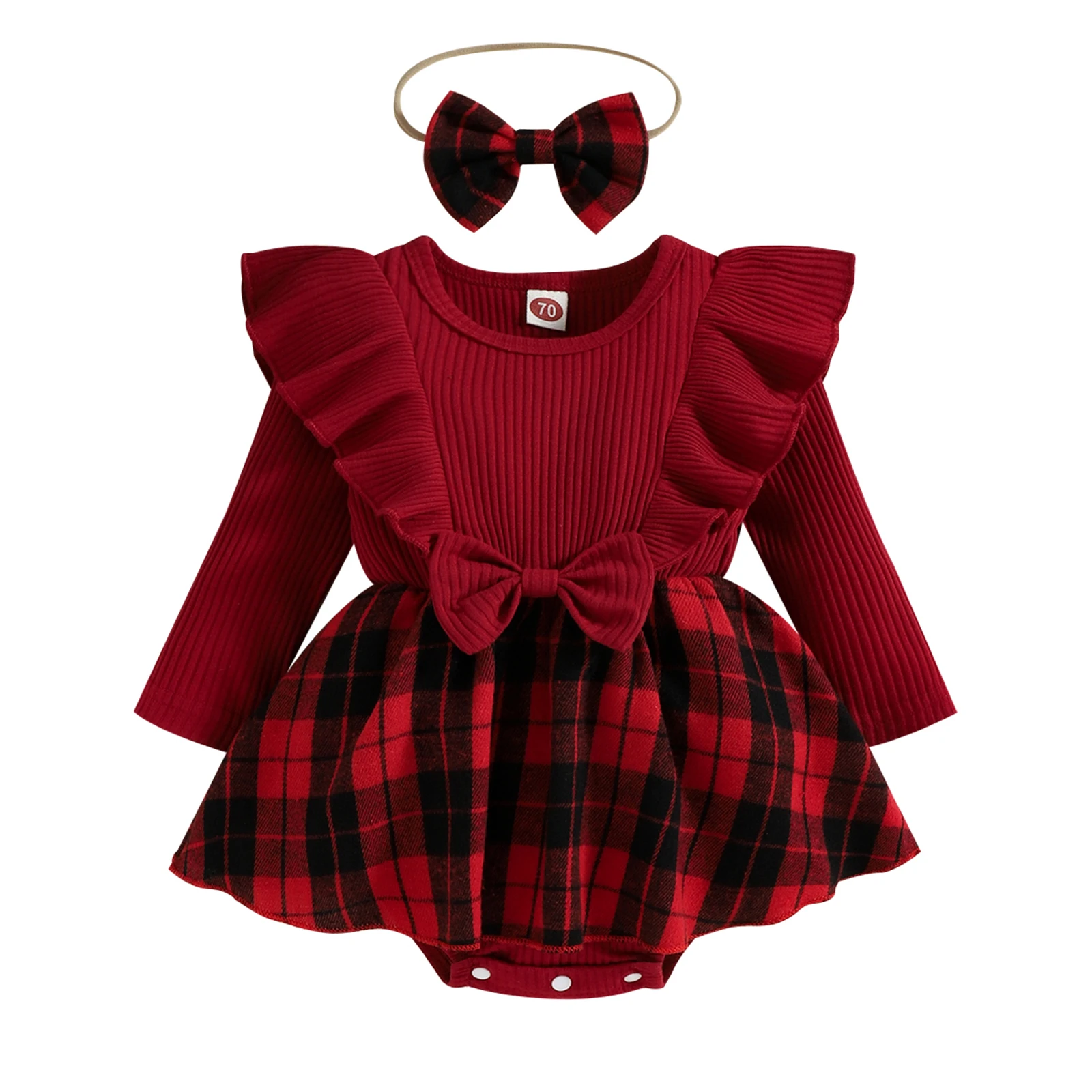 2022-08-13 Lioraitiin Infant Baby Girls Bodysuit Dress Plaid Ruffles Long Sleeve Bowknot Skirt Hem Jumpsuits Headband