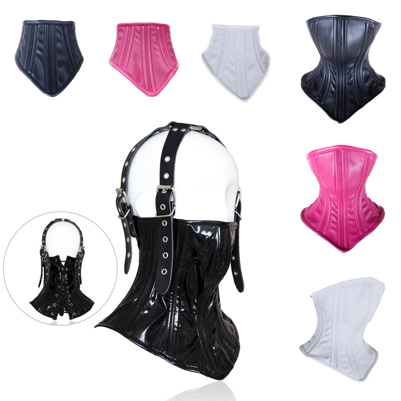 Sexy Wetlook Leather BDSM Bondage Collars with Unisex Lockable Half Face Mask for Fetish Neck Restraint Adult Games Sex Toys