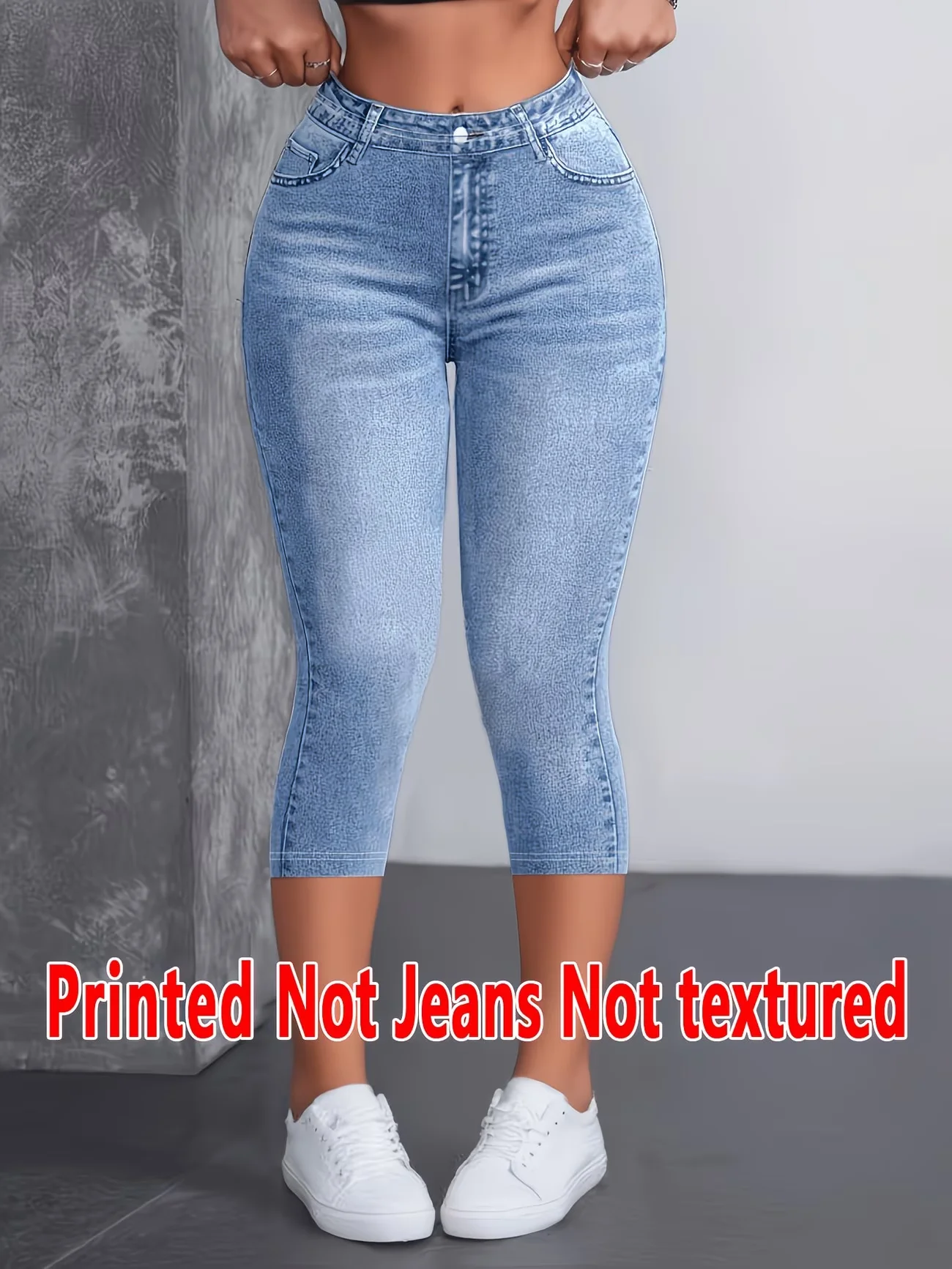 Women's Fashion Printed Faux Denim Capri Leggings, Blue Versatile High-Elastic Casual Sports Cropped Pants