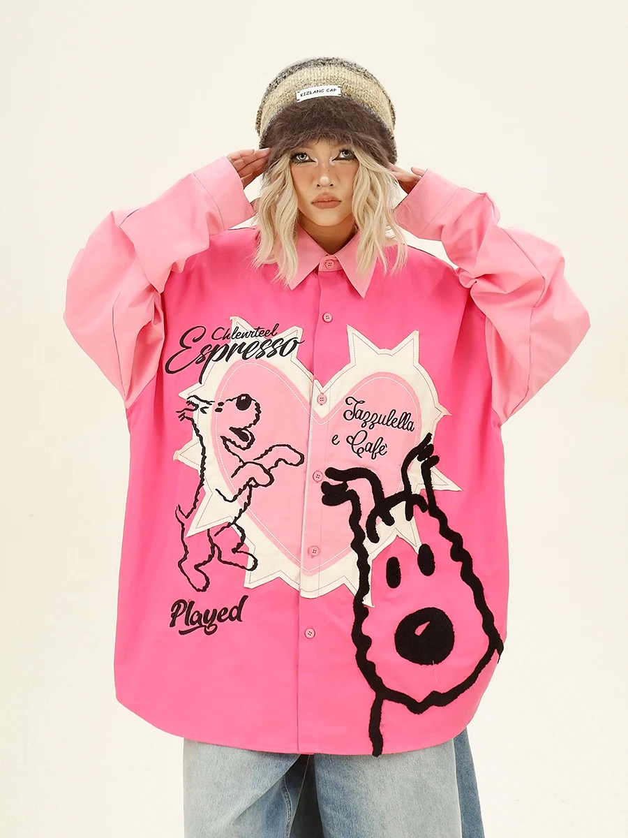 

Street Style Loose Long Sleeve Shirt Women's Heart Pattern Dog Graffiti Spring New Fashion Casual Japanese Retro Jacket