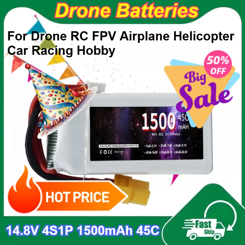 

14.8V 4S1P 1500mAh 45C LiPo Battery with XT30/XT60/T Plug for Drone RC FPV Airplane Helicopter Car Racing Hobby Batteries