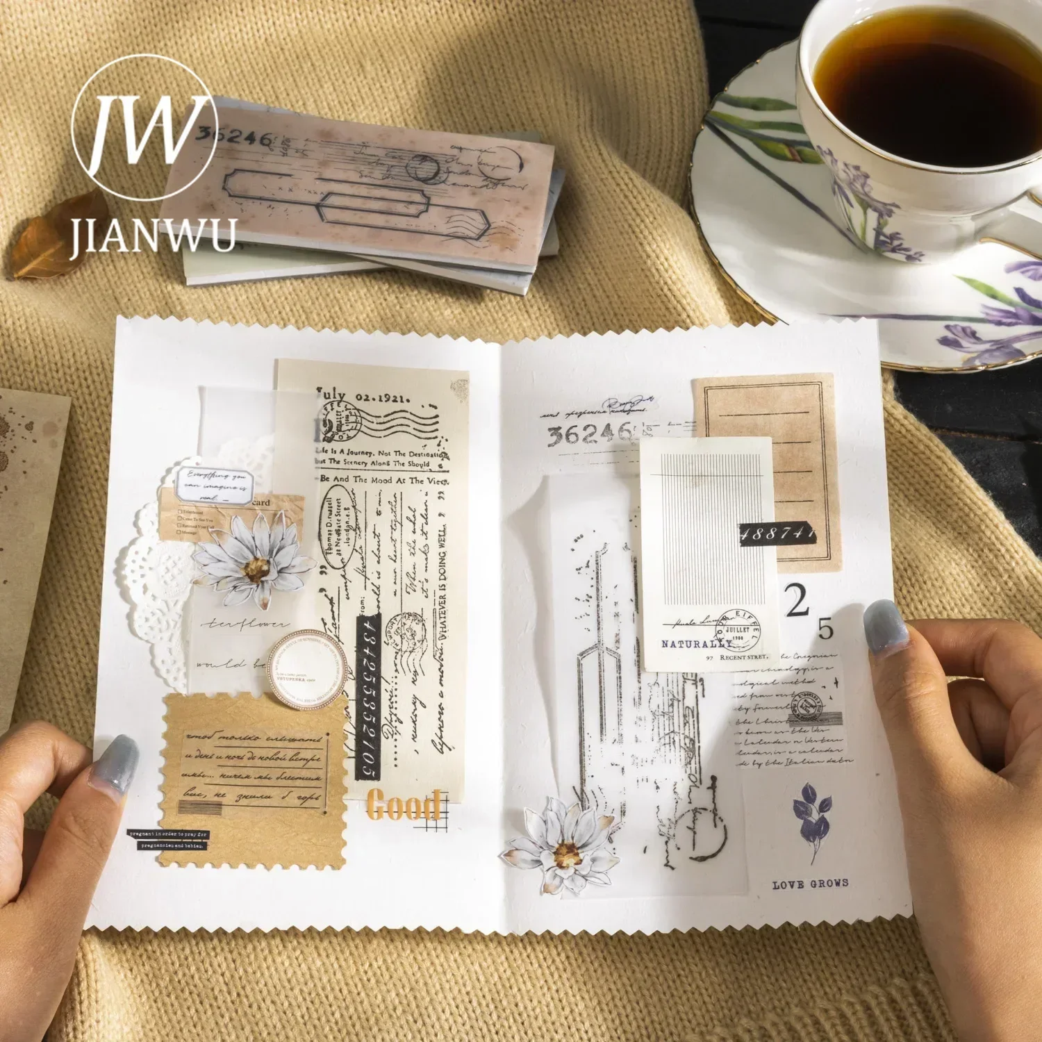 JIANWU Drinking Coffee and Writing Poetry Series Vintage English Text  Material Foam Stamp Set Creative DIY Journal Stationery