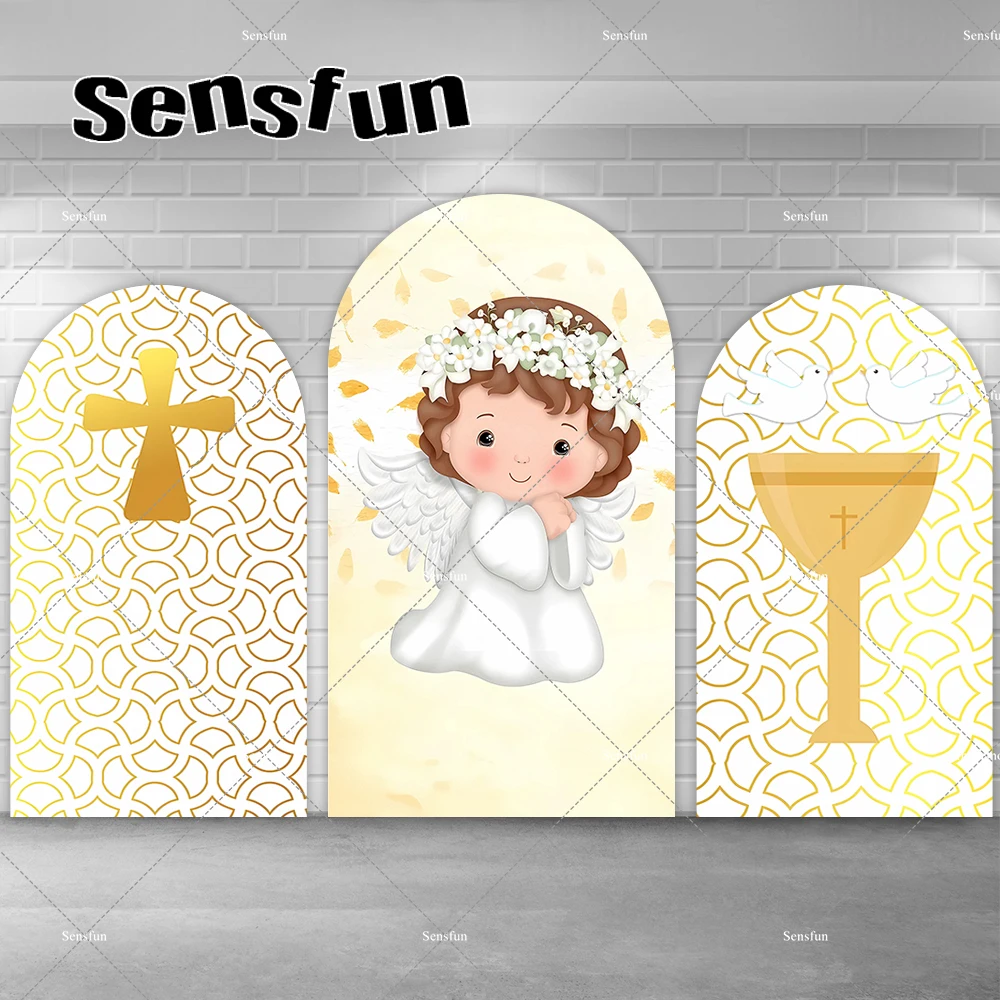 

Girls Baptism Arch Backdrop Cover Gold Cross Pigeon Angel Baby Shower Chiara Background First Holy Communion Party Decorations