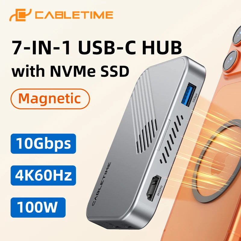 

CABLETIME 7 IN 1 USB C HUB with NVMe SSD Magnetic 4K ProRes Video Recording SD/TF 3.0 Strong Magnetic Attachment for iPhone 17