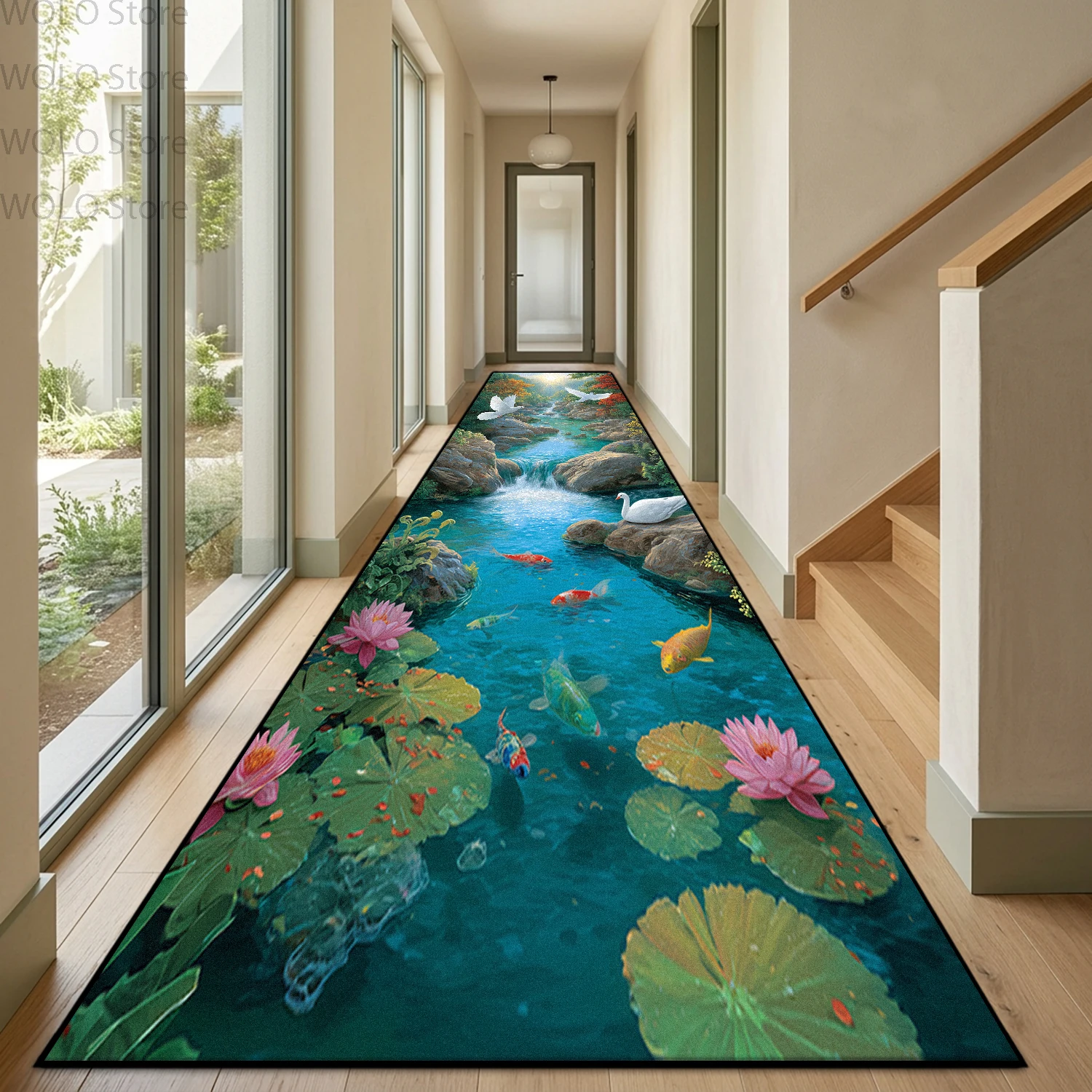 3D Luxury Pond Lotus Runner Rug Print Decoration Home Living Room Non-slip Washable Long Carpets Stair Passageway Entryway Mats