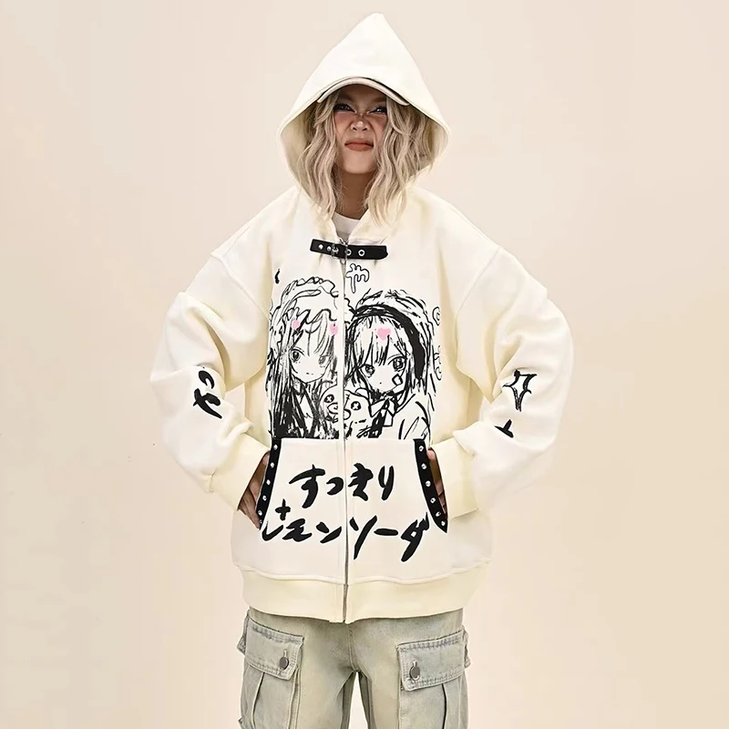 Harajuku Grunge Mode Goth Y2k Streetwear Druck Reiß verschluss Hoodie Mädchen Frauen Kleidung Langarm Anime Overs ize Hoodie weiblich