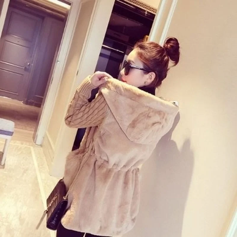 Fashion Faux Fur Coats Women Winter Hooded Zipper Chic Outwear Female Patchwork Thick Warm Fur Luxury Knitted Jacket Lady XQ43