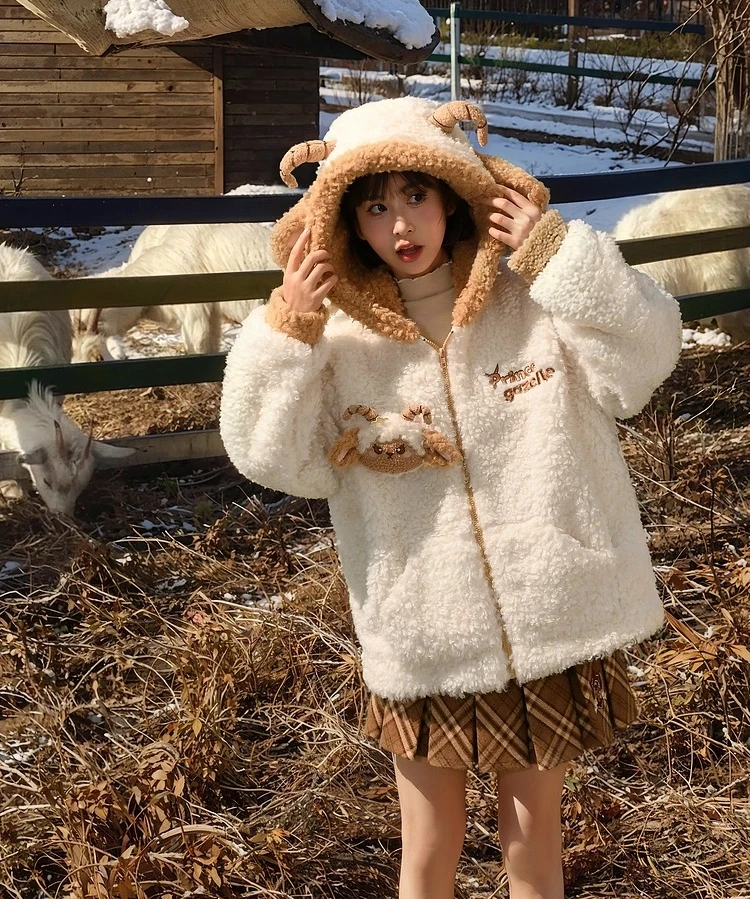 2025 Autumn Winter New Cute and Fun Little Sheep White Loose Comfortable Zipper Long Sleeve Hooded Casual  Plush Sweatshirt