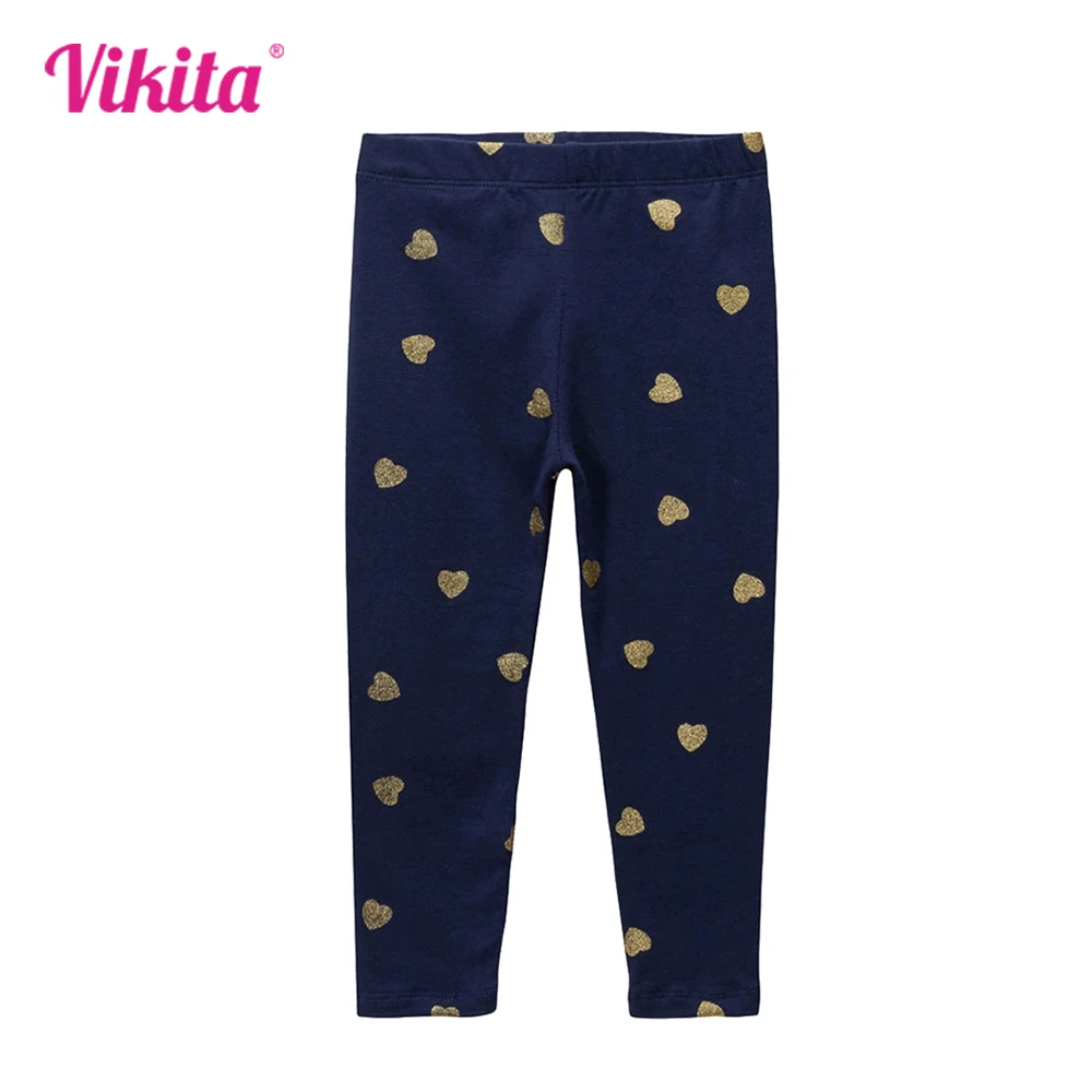 

VIKITA 2025 New Kids Heart Print Navy Blue Pants Girls Cotton Casual Daily Soft Bottoms Girl Costumes Gift Trousers Pencil Pants