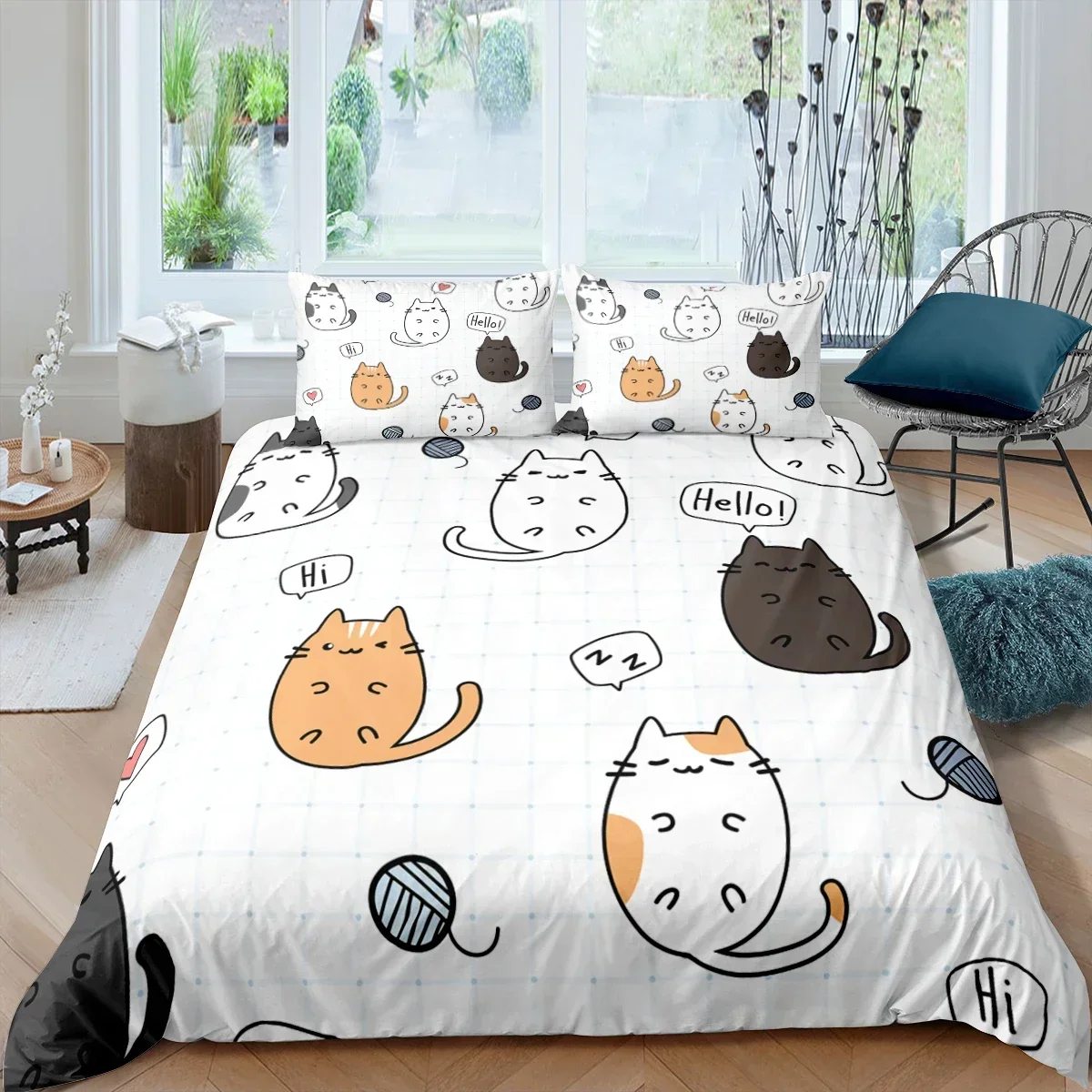 Cute Pet Cats Bedding Set Cartoon Kitten Print Duvet Cover Pillowcase for Girl Twin Full King Double Size Polyester Quilt Cover