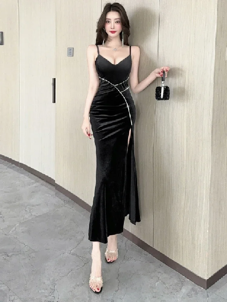 Topenomi Luxury Velvet Evening Dresses Women Sexy Sleeveless High Waist Slim Split Wedding Party Long Robe Retro Elegant Gown