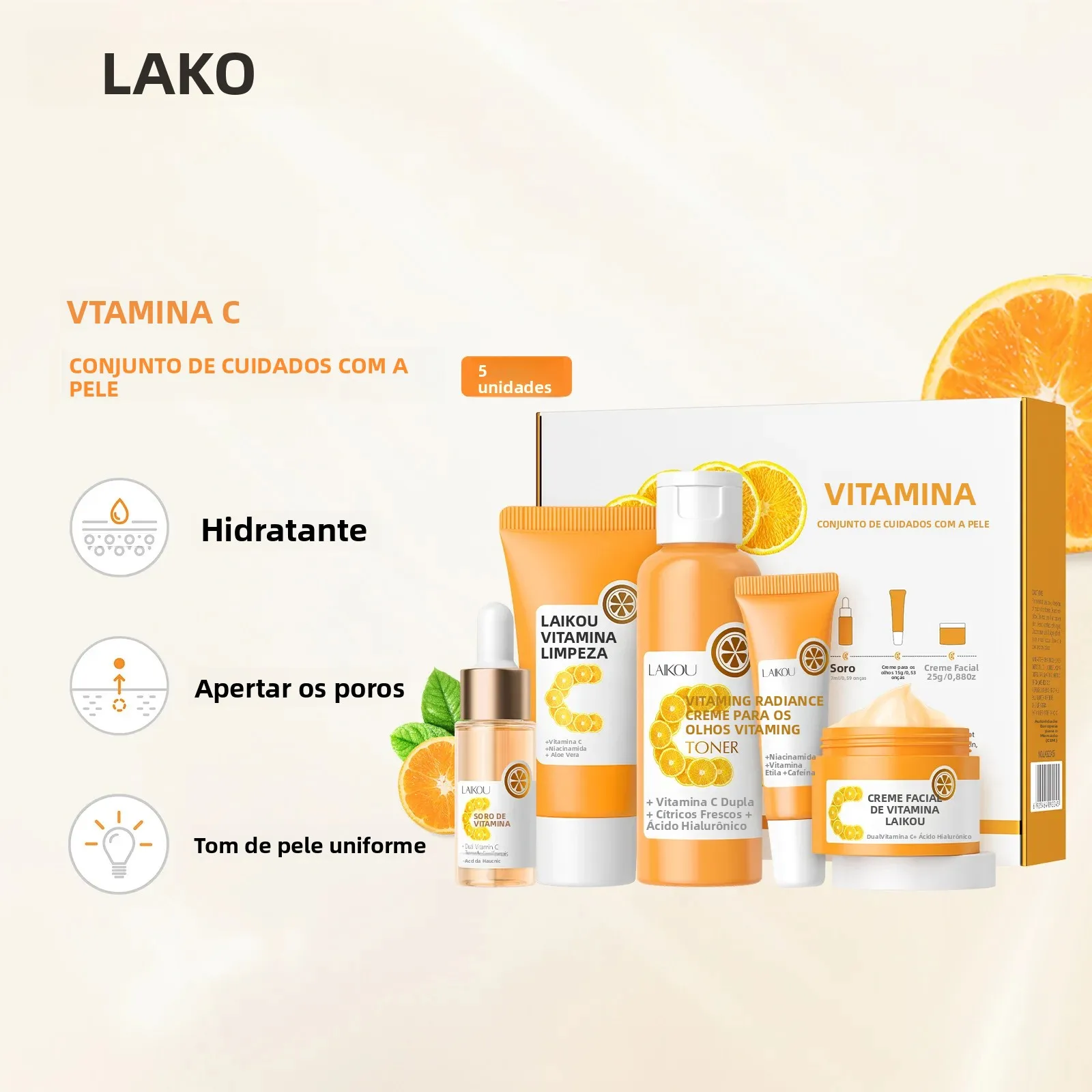 Vitamina c cuidados com a pele 5 pçs conjunto cuidados faciais iluminando essência creme soro limpador toner creme para os olhos hidratante