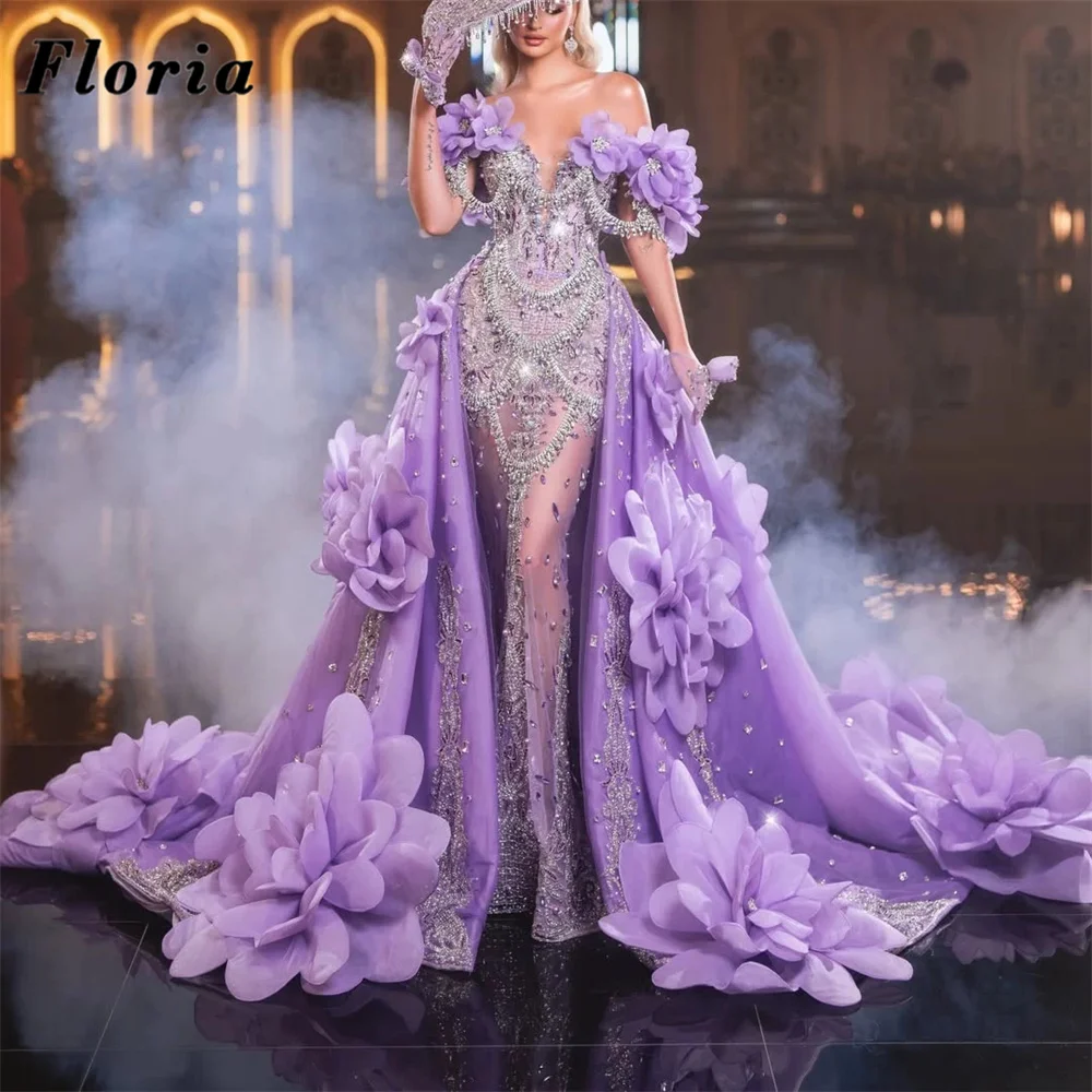 Wunderschöne lila Meerjungfrau-Abendkleider mit abnehmbarem Rock, Perlenstickerei, 3D-Blumen, Hochzeitsgastkleid, maßgeschneidertes Party-Nachtkleid