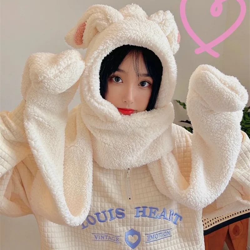 Cute Hat and Scarf Hoodie Winter Scarf Oversized Bunny Ears Hat Set Scarves Female Scarf Gloves Warm Costume Bunny Ear Hat