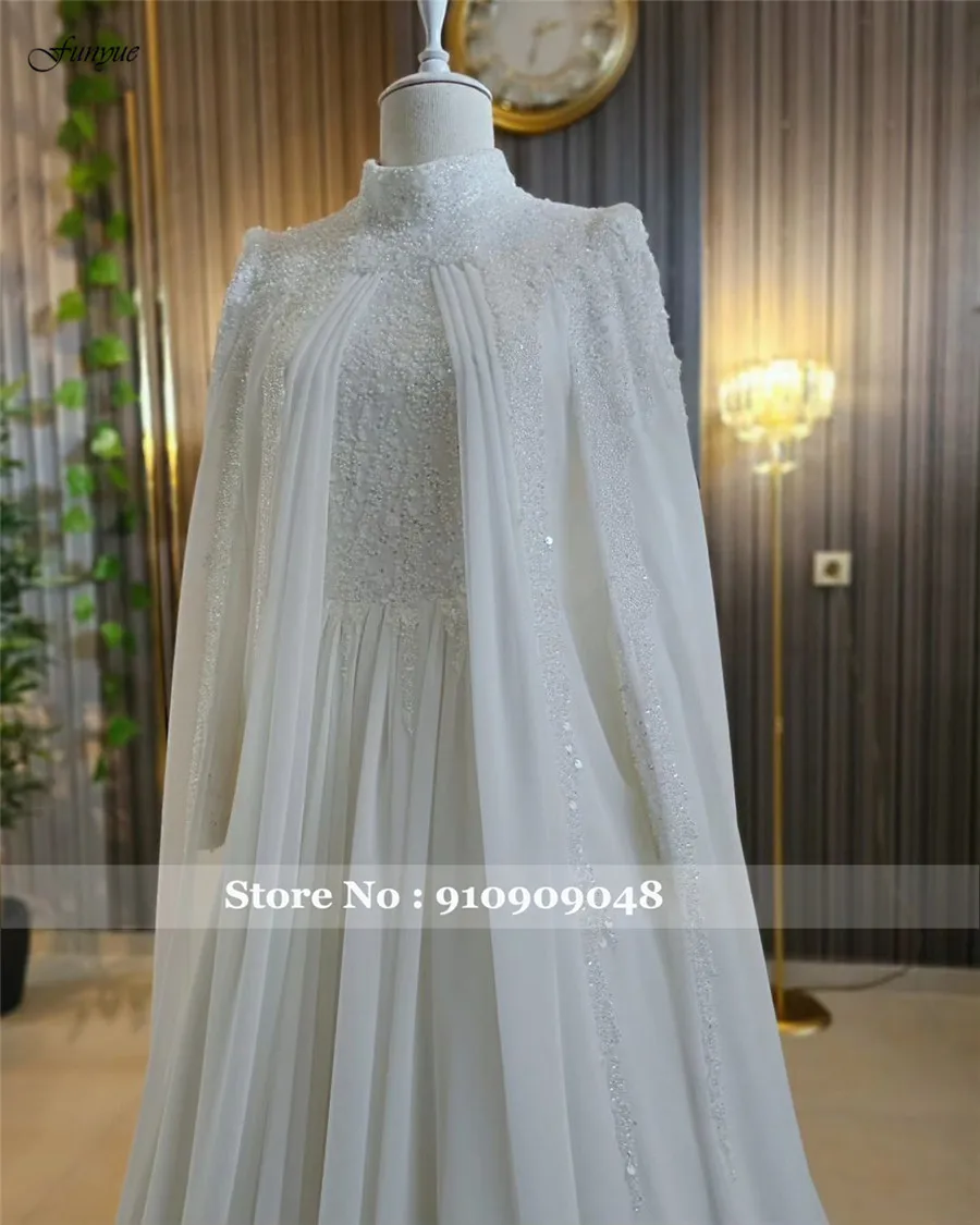 Funyue Chiffon Robe De Mariée Long Sleeve Muslim Wedding Gown for Women 2025 Bride High Neck Hijab Islamic Bridal Dress Arabic