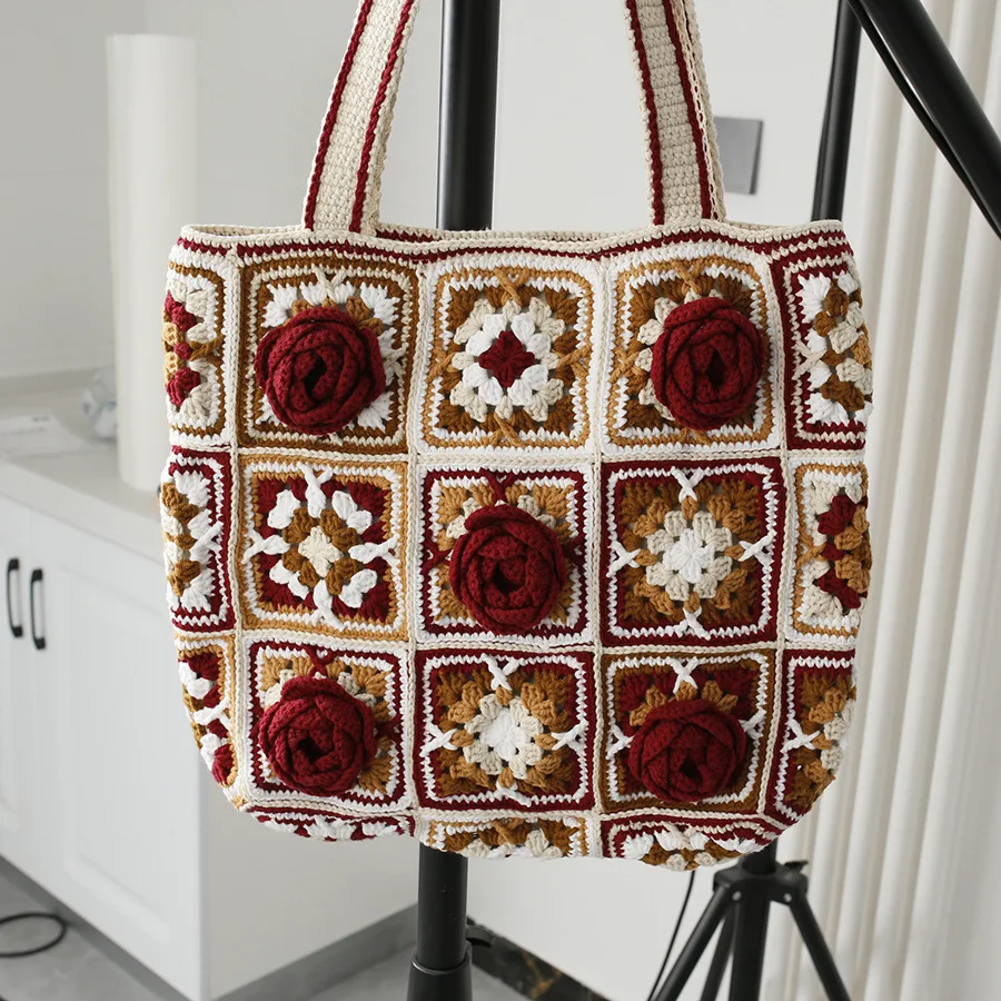 Women Boho Woven Tote Summer Beach Handbag Floral Handmade Weaving Shoulder Bags Hand Crochet Bag Flower Stitching Shopper Bag