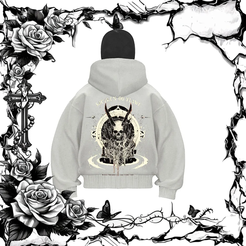 

Double hat pullover, American sports shirt, men's and women's casual skull graffiti aesthetic clothing, autumn