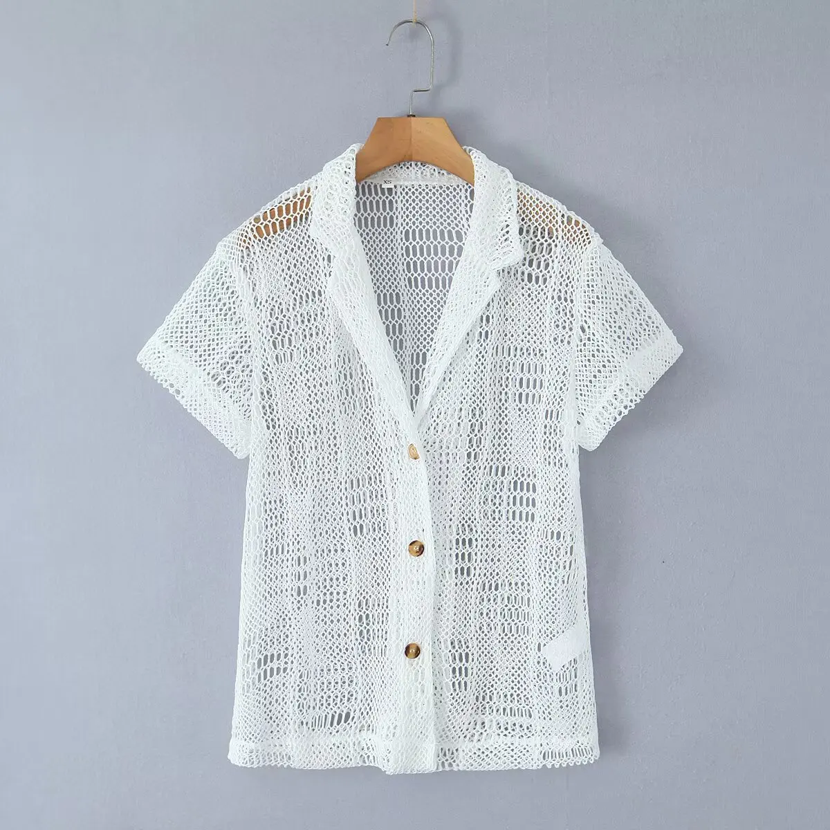

TRAF & Women 2025 Spring New Fashion Lazy Style Crocheted Mesh Knitted Shirt Chic Dress Collar Buttons Short Sleeve Top Mujer