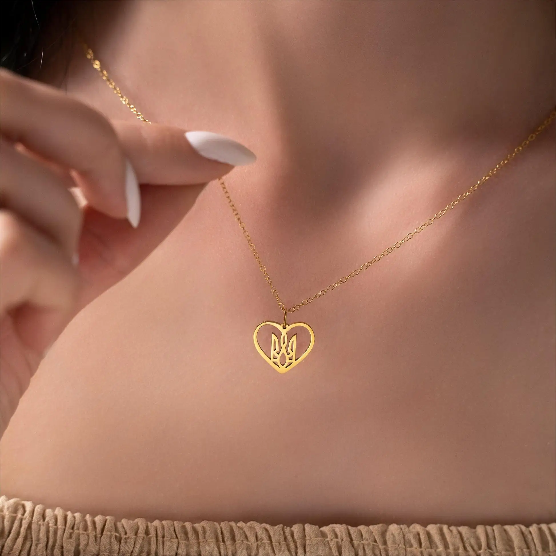 Ukrainian Trident Necklace with Rolo Chain Heart Round Trident Pendant Gift Ukrainian Pride Jewelry