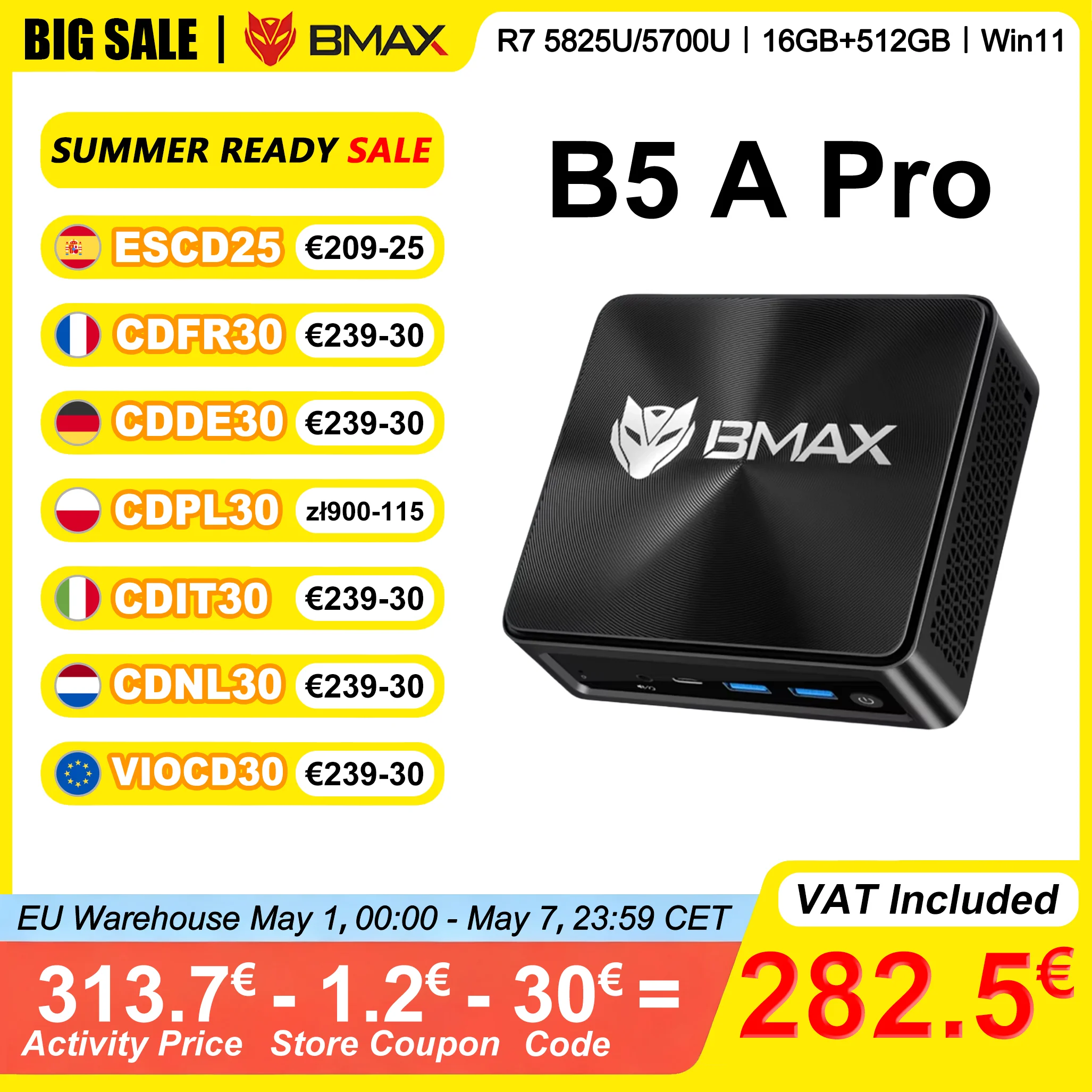 BMAX B5 A Pro Mini-PC AMD Ryzen 7 5825U/5700U 16GB DDR4 RAM 512GB NVMe SSD 4K @ 60Hz HDMI Type-C Display Mini-Desktop-Computer