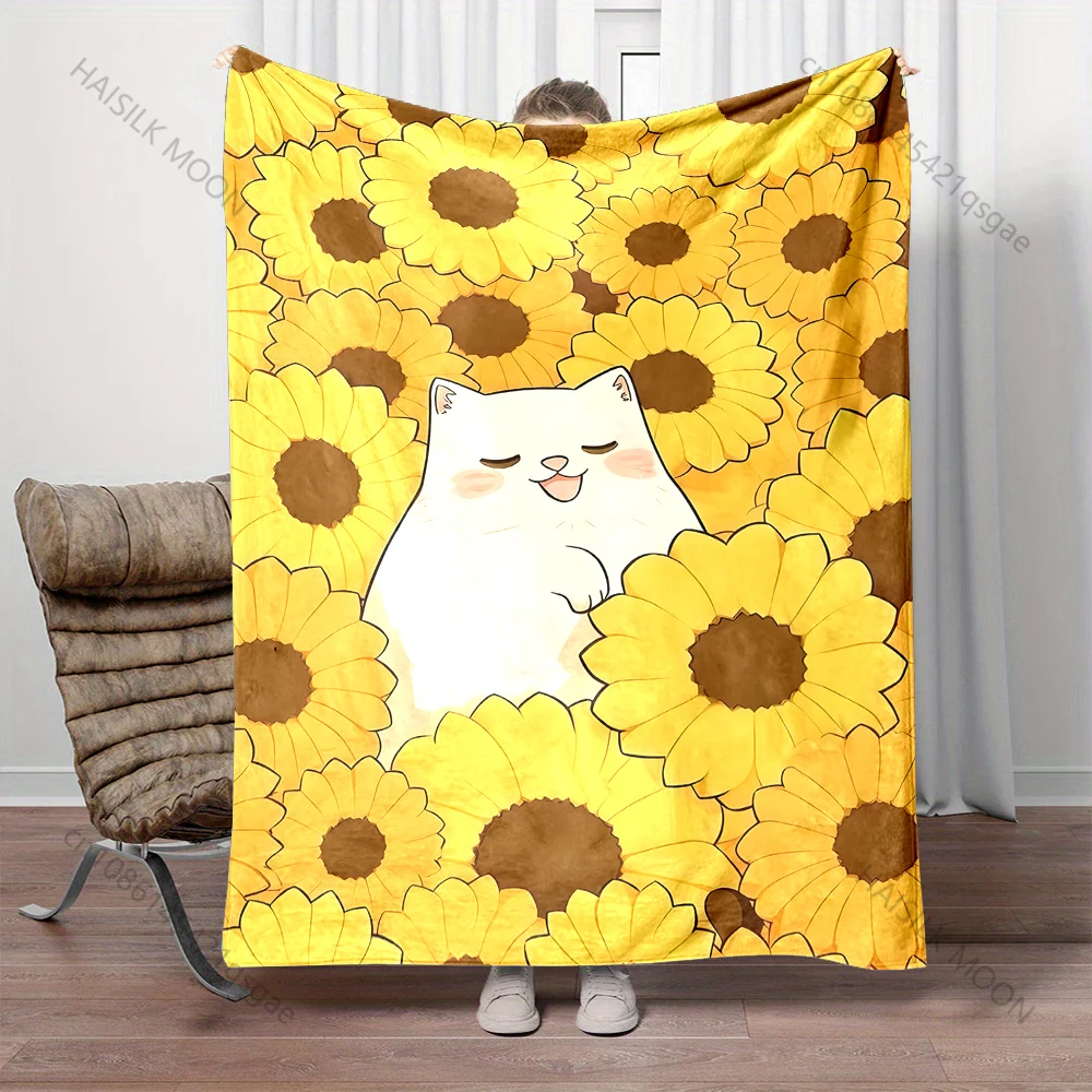 Multiple sizes White cat in sunflower field print blanket adult children warm for home travel soft and comfortable blanket