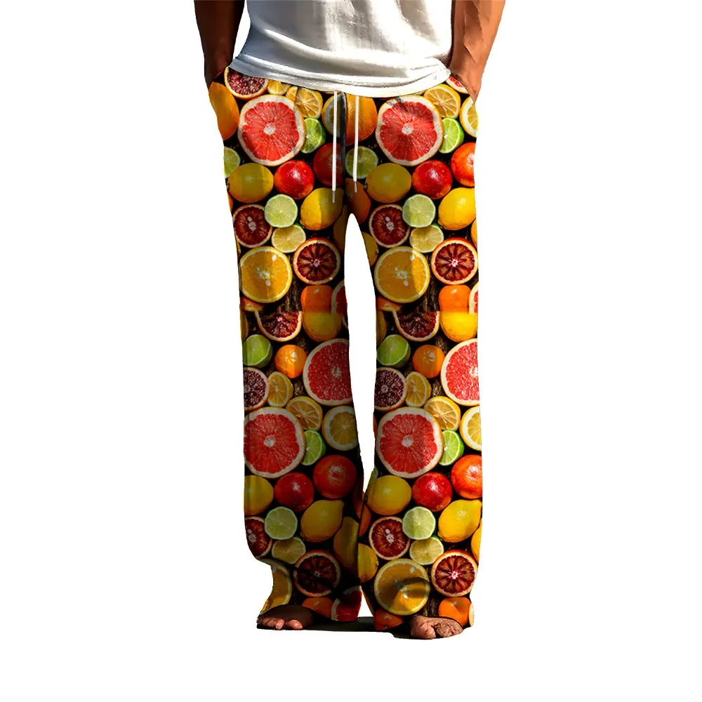 

Trendy men's pants with 3D digital printed fruit pattern, loose and wide leg pants for street casual quick drying without fading