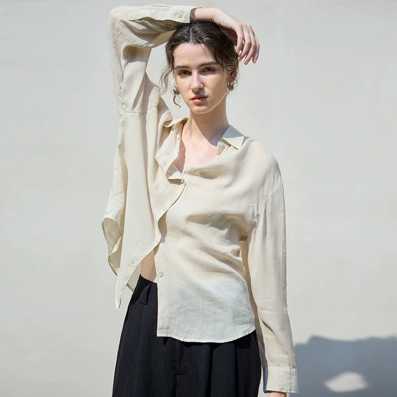 

Retro Ramie Loose Lightweight Women's Shirt Solid Color Minimalist Single-Button Long-Sleeve Shirts Casual Lyocell Ramie Tops