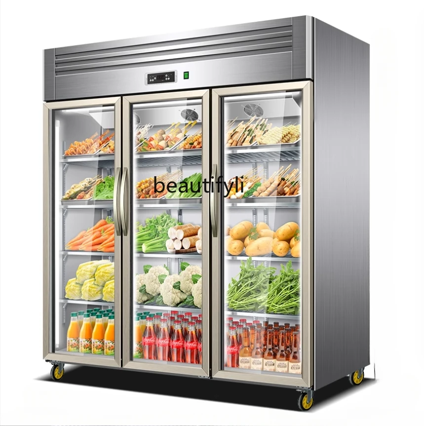 

Air-cooled three-door refrigerated display cabinet Vertical frozen commercial vegetable barbecue fresh-keeping cabinet