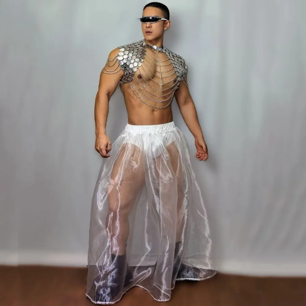 Sexy Futuristic Style Cosplay Costume Metal Chain Tops Set Male DJ Singer Clubwear Stage Wear Carnival Rave Performance Clothes - view 5